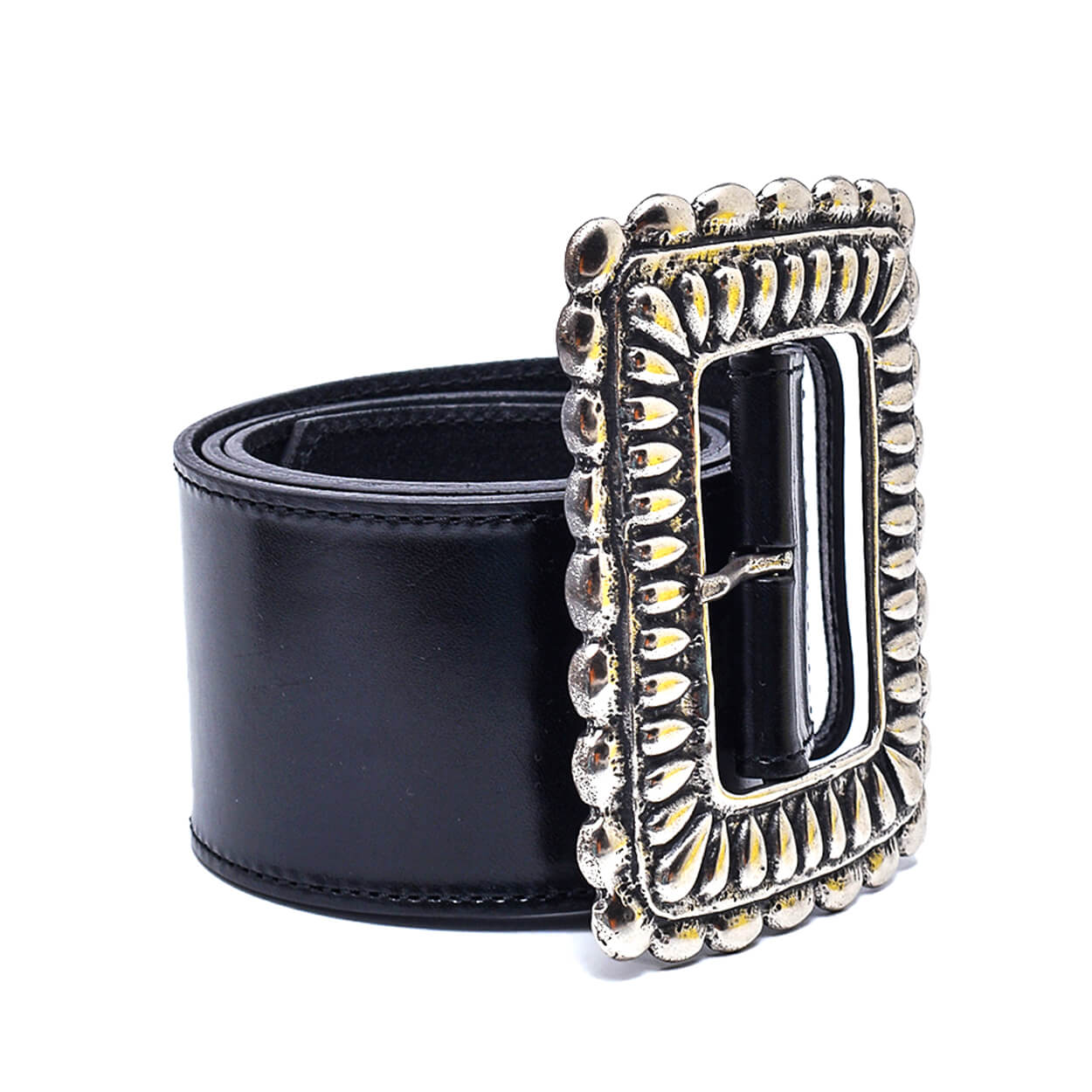 Etro-Black Calf Leather Embossed Silver Toned Buckle Belt / 85